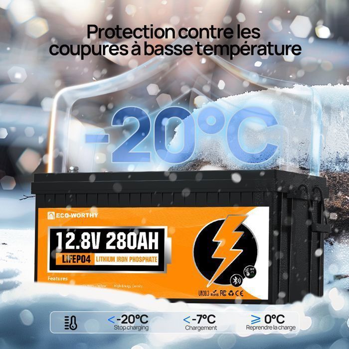 ECO-WORTHY Batterie lithium Bluetooth 12V 280Ah x 2 Batterie Lifepo4- 7168WH - 6000+ cycles -200A BMS pour  Camping Car