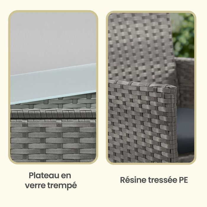 Conjunto de mesa y sillas de jardín para 4 personas, sillones y banco de resina tejida, mesa, para patio, gris.
