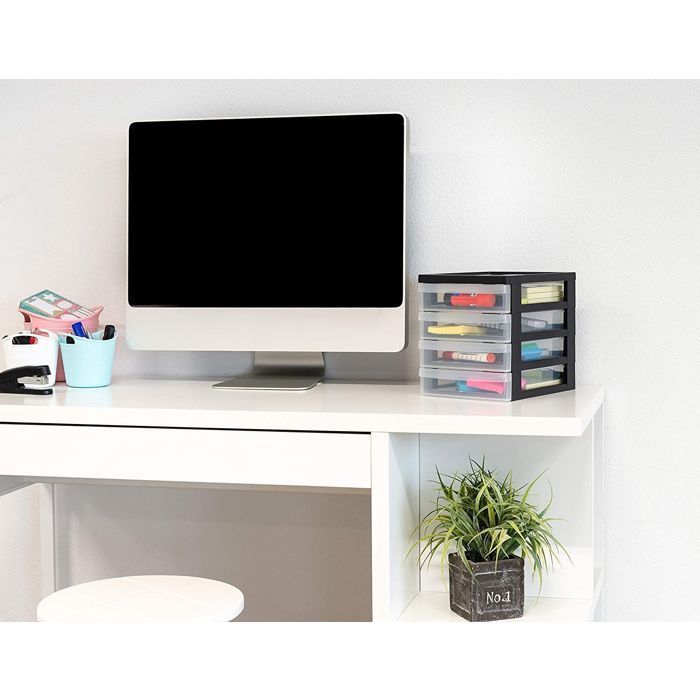 Iris Ohyama, A5 Plastic Desk Storage Tower, 4 Small Drawers, Set of 2, Black, DC-A5