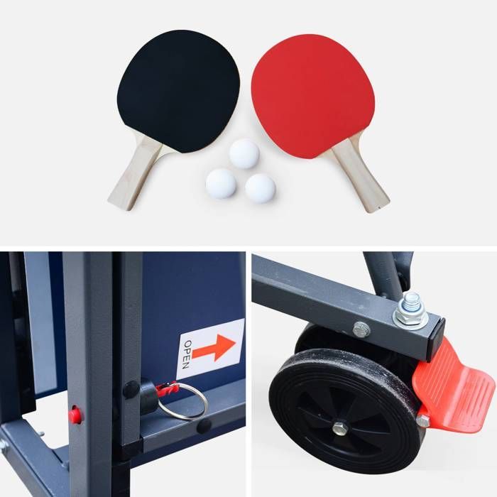 Mesa de ping-pong plegable azul para interiores con 2 paletas y 3 pelotas.