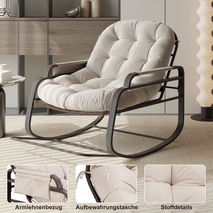 Sedia a dondolo - TANANT - Rattan - Cuscino imbottito - Tessuto di lino - Beige