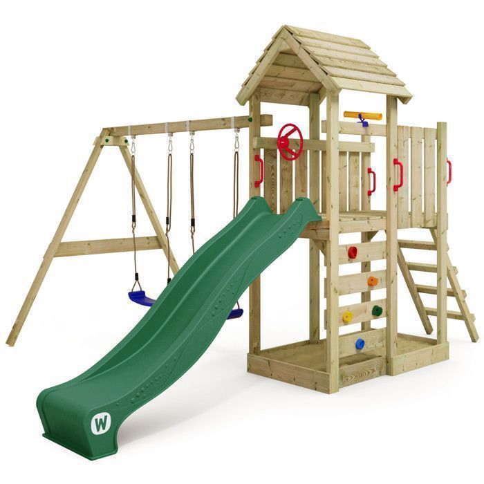 Estructura de juegos de madera WICKEY MultiFlyer con techo de madera, columpio doble y tobogán de 220 cm, verde – 10 años de garantía*