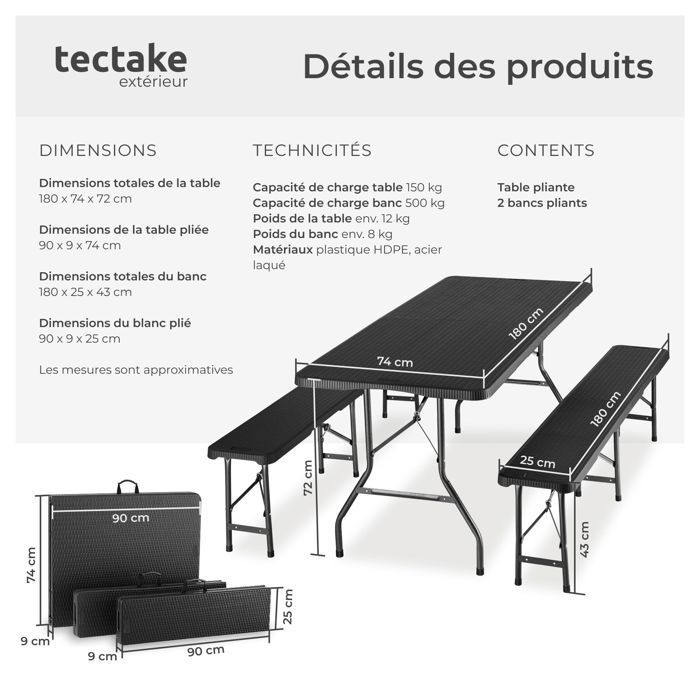 Mesa de camping con bancos - TECTAKE - Conjunto de comedor VANI: 1 mesa, 2 bancos, compacto y plegable con asas de transporte - Negro