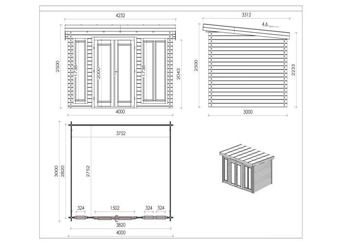 Abri de jardin en bois - 12m2 - 4x3m - Ep. 34mm - Couleur: naturel - DOM652