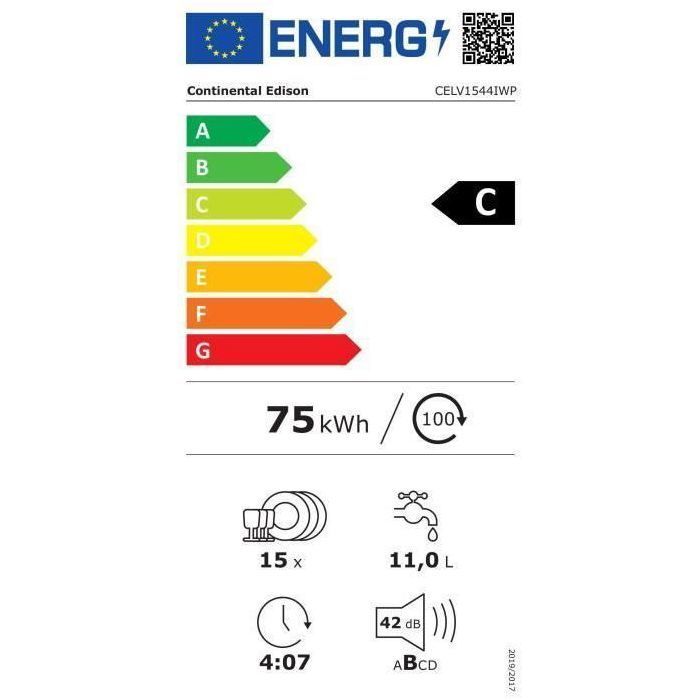 Lave-vaisselle pose-libre - CONTINENTAL EDISON - CELV1544IWP - 15 couverts - Inverter - 60 cm - 42 dB - Blanc