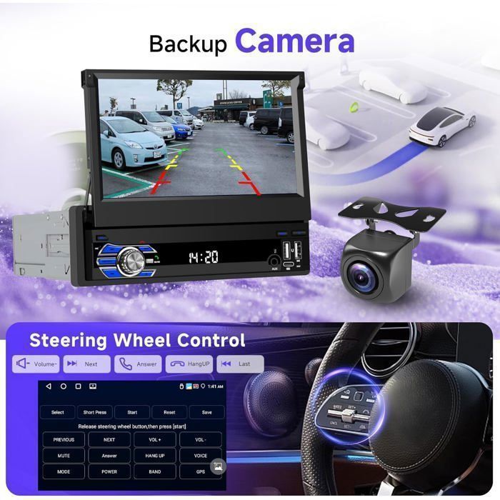 Radio para coche Android de 1 DIN con pantalla retráctil de 7