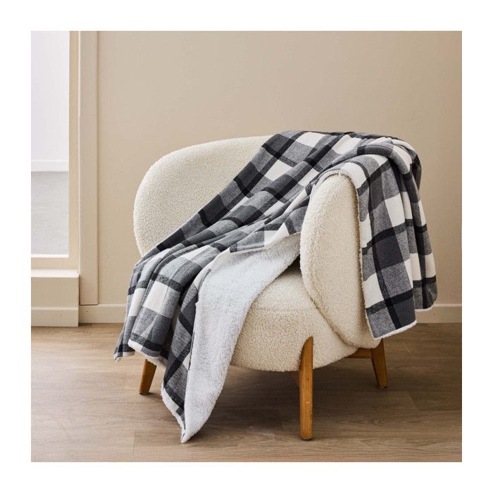 Plaid 125x150 cm Tartan & Sherpa - Gris anthracite - Douceur d'Intérieur