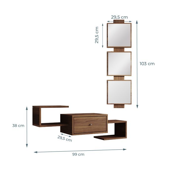 Eingangsbereich-Möbel | 1 Schublade mit Spiegel | Konsolentisch | Ausführung: Ambar-Walnuss | B 99,5 x T 22 x H 145 cm | Modell Neo
