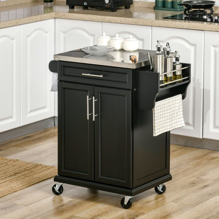 Desserte de cuisine - HOMCOM - roulettes îlot central plateau inox étagère réglable tiroir - métal - 83,5x45,7x90,5cm - noir