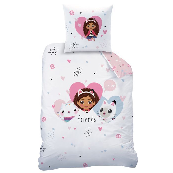 Juego de ropa de cama infantil 100% algodón - GABBY Y LA CASA DE LOS CORAZONES MÁGICOS - Blanco/Rosa - 140x200+63x63cm