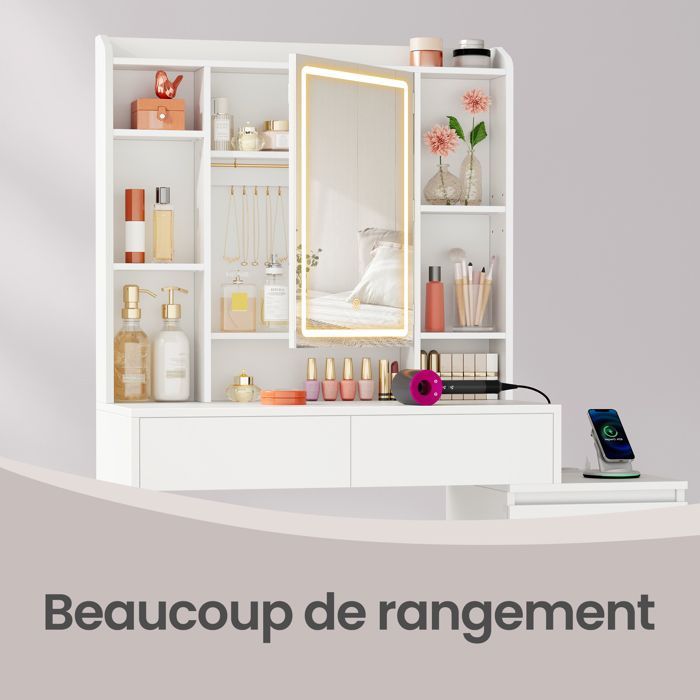 Tocador con espejo LED grande de brillo regulable, regleta, 40 x 105 x 145 cm, blanco.