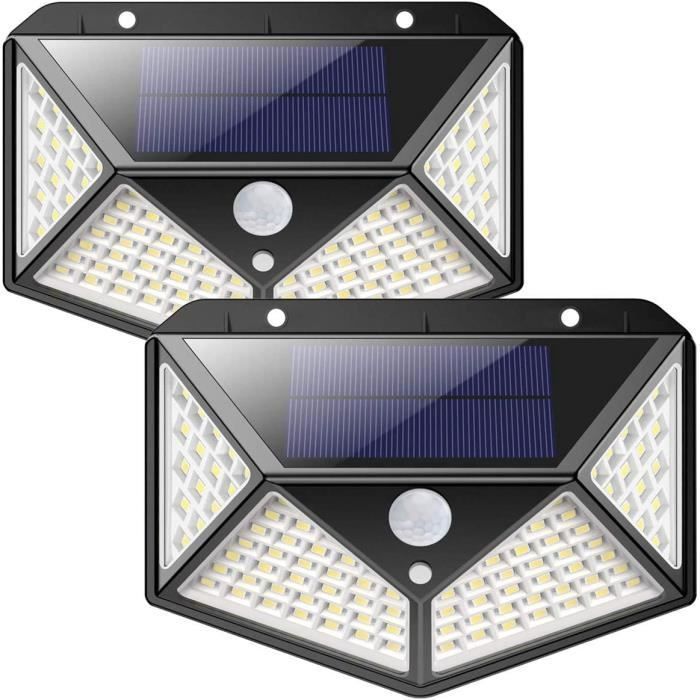 Paquete de 2 luces solares para exteriores, 100 LED, 1200 mAh, resistentes a la lluvia, ángulo de haz de 120°, alimentadas por energía solar, sensor de movimiento.