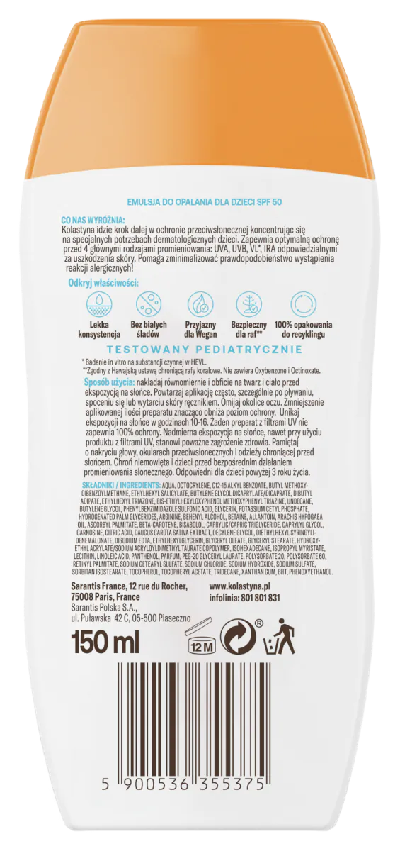 Kolastyna Sun Kids SPF50 - Emulsja do opalania dla dzieci SPF 50 150 ml