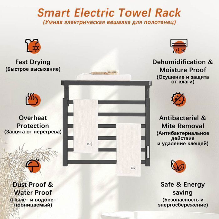 ReadyWarm Smart Towel Low Consumption Electric Towel Rail Radiator, Black, 58.5x55 cm, Wall Mounted, LED Display, Touch Control