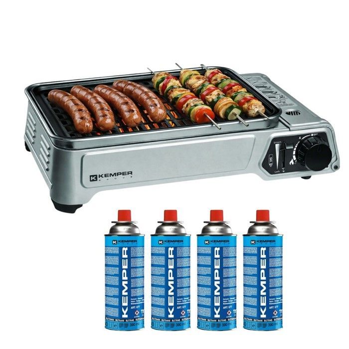 Barbacoa de gas portátil KEMPER de 1900 W con parrilla antiadherente + 4 cartuchos de gas para camping