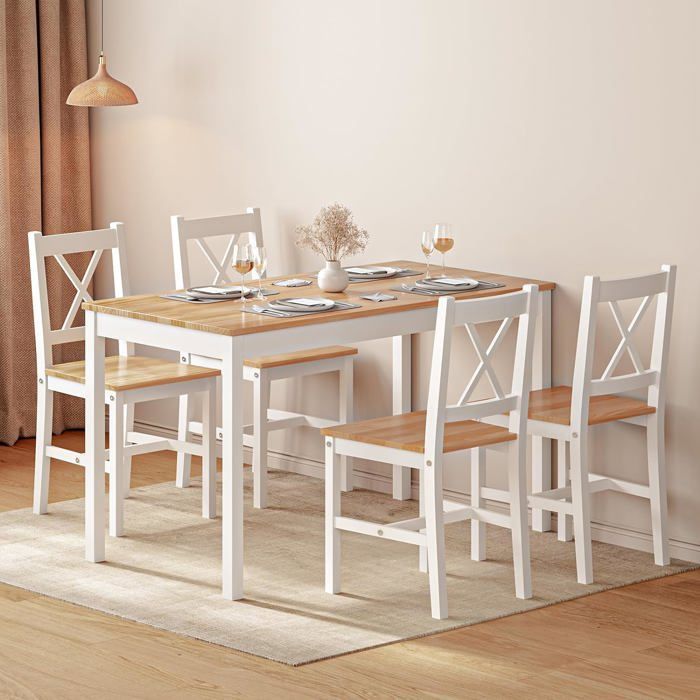 SogesHome eettafelset met 4 stoelen van MDF-hout, eenvoudig ontwerp voor de eetkamer, wit teak
