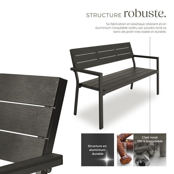 Banco de exterior - TECTAKE - LINE Banco de jardín de 2 plazas en aluminio con aspecto de madera, 128 x 59 x 88 cm - Gris oscuro