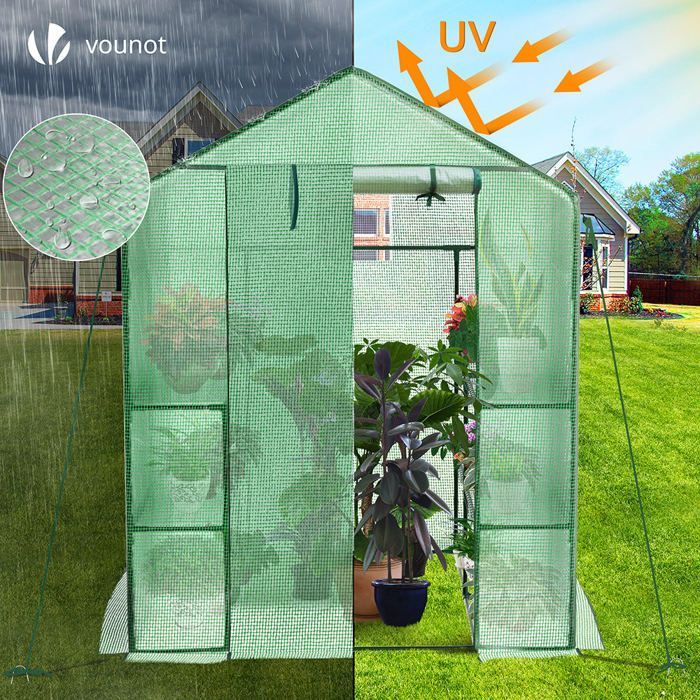 VOUNOT® Trädgårdsväxthus med hyllor 143x143x195cm grönt - förstärkt 135g/m² lock - myggnätsfönster - rulldörr med dragkedja
