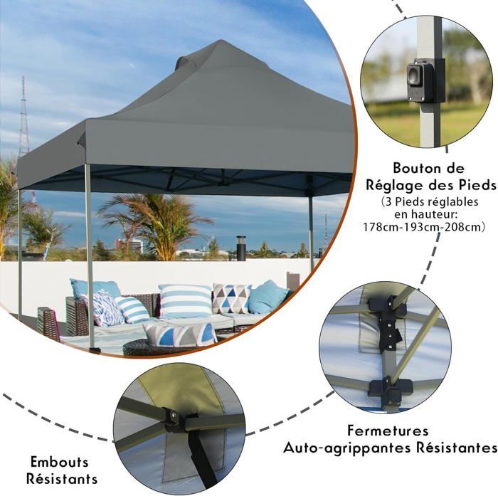 GOPLUS 3x3M Faltbarer Party-Pavillon, Pop-Up-Gartenpavillon, verstellbare Beine 305/320/335 cm, mit Rollentasche, Grau