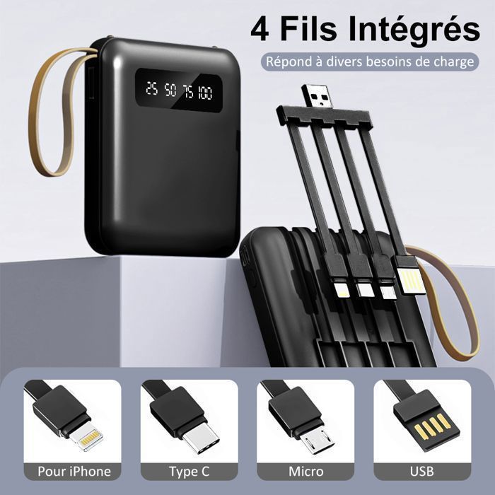 Cargador portátil de batería externa de 15000 mAh con 4 cables integrados, 6 salidas de batería y 3 entradas, pantalla LED y lámpara.