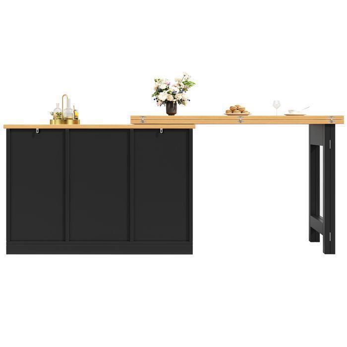Extendable Black Kitchen Island 120-180 cm with Storage and Bottle Rack, 360° Swivel Dining Table, High Table