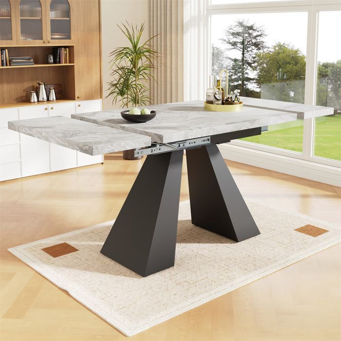 Mesa de comedor extensible, mesa extensible con amplia superficie de trabajo, mesa de cocina para 4 personas, MDF color mármol gris, 99-159×74cm