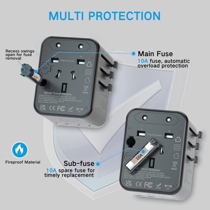 Adaptador de viaje - HAUTSTORE - Universal - 5 puertos - 2000 W - Seguridad mejorada