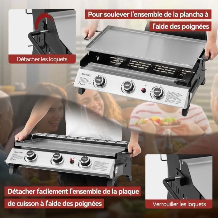 Plancha Gaz - Royal Gourmet - 3 Brûleurs Puissance 7.5kW, Surface Cuisson 61,5 x 32cm en Acier Inoxydable avec Grille de Réchauffage