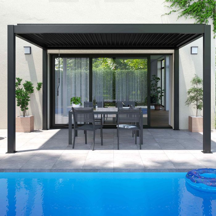 Pergola bioclimatique 3 x 4 m autoportée avec 3 stores gris - Oviala
