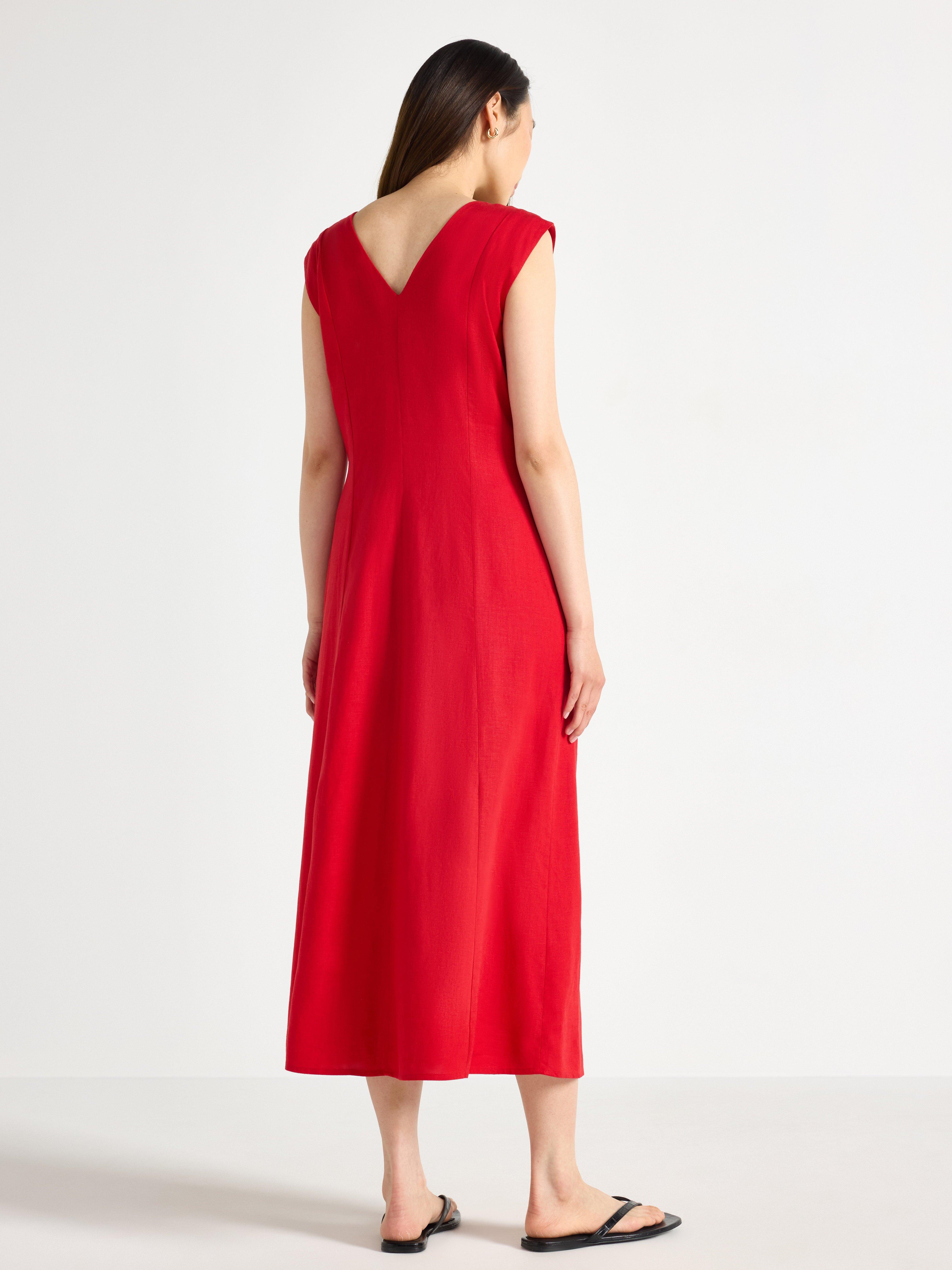 Vestido midi em mistura de linho vermelho escuro