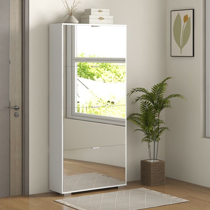 Zapatero - HOMCOM - 2 en 1 con frentes espejados, 4 puertas abatibles, estantes ajustables, capacidad para hasta 24 pares de zapatos, 76 ancho x 26 profundidad x 168 alto cm