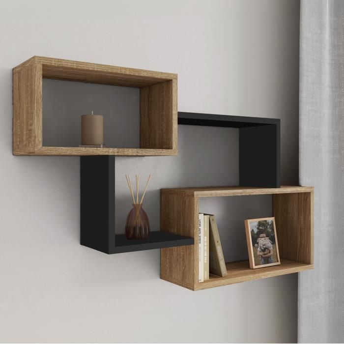 Estantería de pared de doble posición IDMARKET LOUANE, madera con efecto haya y color negro.