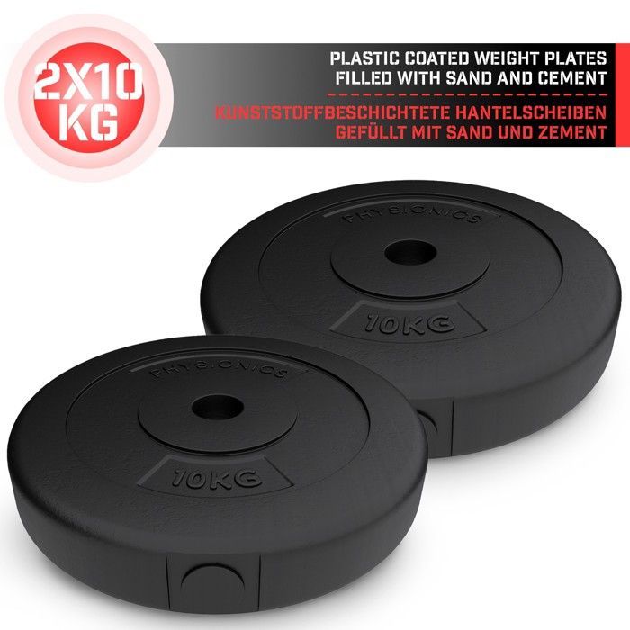 Physionics® Gewichtsschijven - Set van 2 x 10 kg, Ø 31 mm, met kunststof coating - Schijven voor dumbbells, fitness,