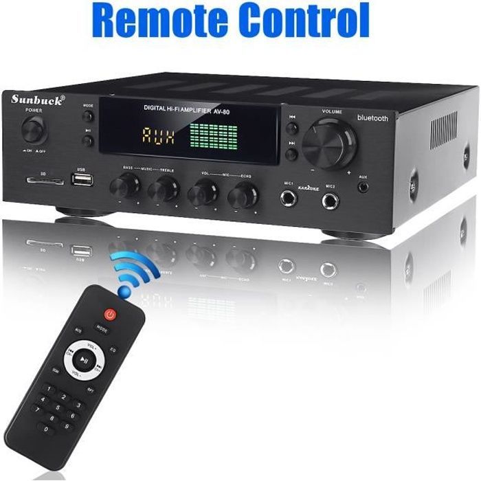Amplificador Bluetooth de 2 x 200 W, 2 zonas, 5 canales de calibración, HDMI, USB, ranura para tarjeta SD, radio FM.