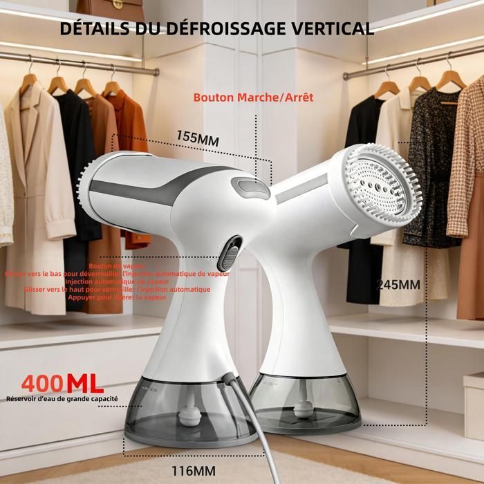 Vaporizador de roupas portátil de 1600W, reservatório de água de 300ml, aquece em 20 segundos, ferro a vapor ideal para viagens, removendo rugas das roupas.