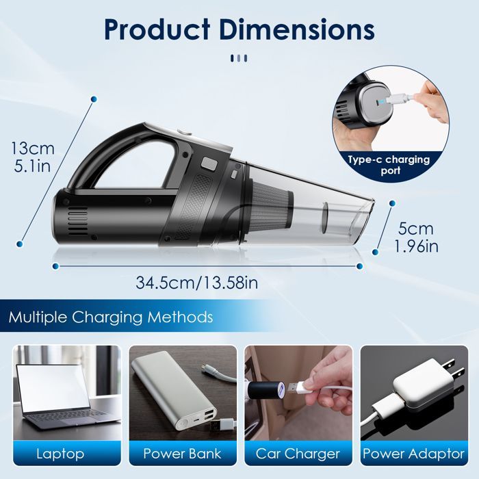 TTLIFE Potente aspirapolvere portatile senza fili da 7500-10000 Pa, potente aspirapolvere per auto con filtro HEPA lavabile, ideale per peli di animali domestici.