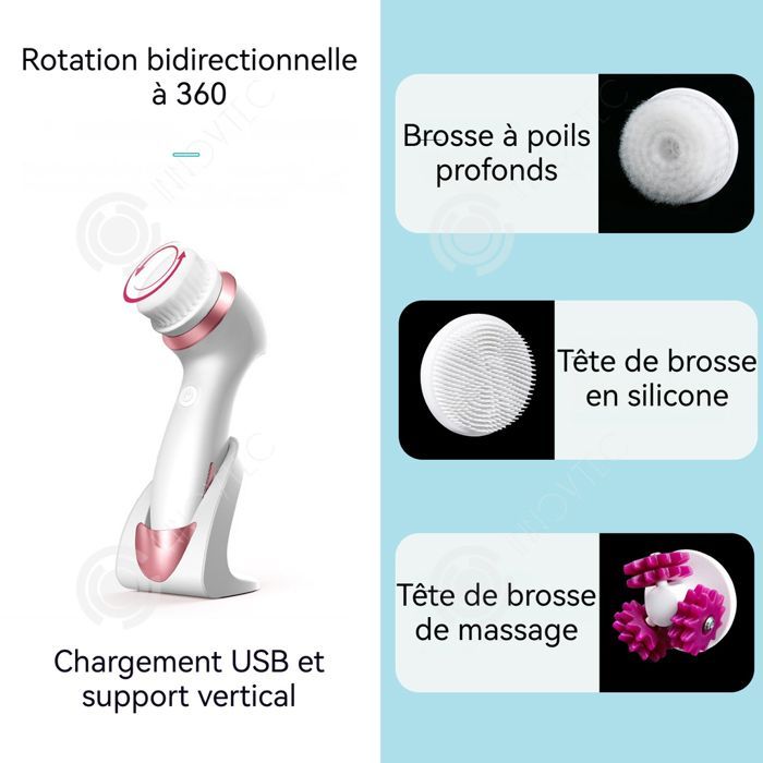 Cepillo de limpieza facial INN, recargable e impermeable, con batería de 1000 mAh y 3 cabezales unisex para masaje.