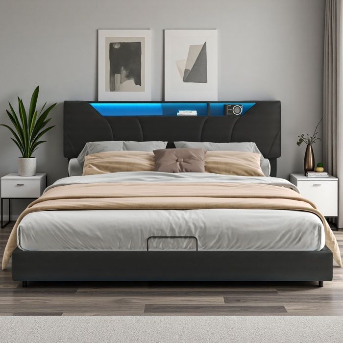 Double Bed 160x200 - LED Lighting - Reinforced Slatted Base - Storage Compartment - Modern Design