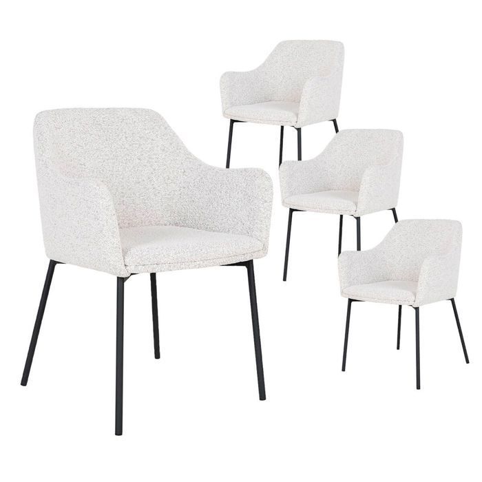 LOANA - Juego de 4 sillas de comedor en tela bouclé jaspeada blanca con patas de metal negro