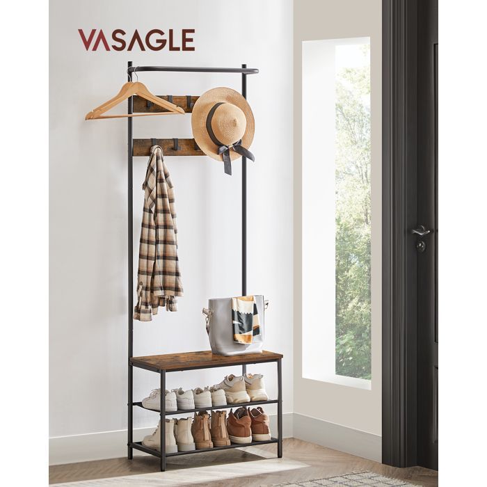 VASAGLE Hallway Furniture, with Bench and Shoe Rack, 9 Removable Hooks, Hanging Rail, 32.2 x 64 x 180 cm, Brown and Black
