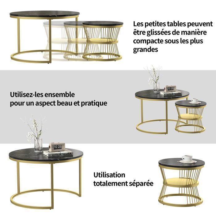 Set di 2 tavolini impilabili, piano in marmo e gambe in metallo – P70/45 x H45/40 cm – nero