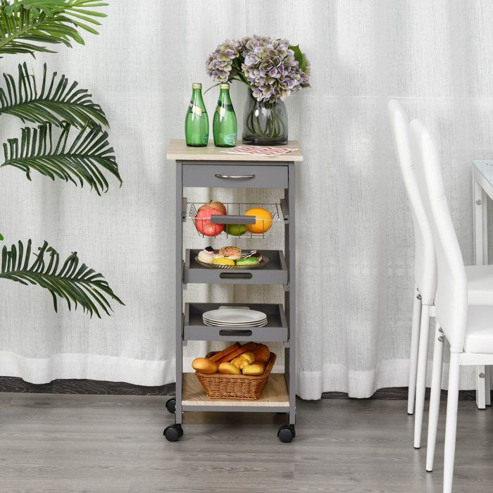 Carrito de servicio - HOMCOM - carrito de cocina con ruedas, cesta, 2 estantes extraíbles, cajón - MDF, pino - roble gris