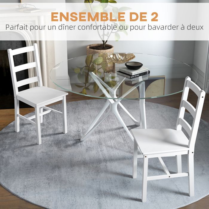 Lot de 2 chaises de salle à manger HOMCOM en bois massif de pin chaise de cuisine dossier lattes esprit campagne blanc