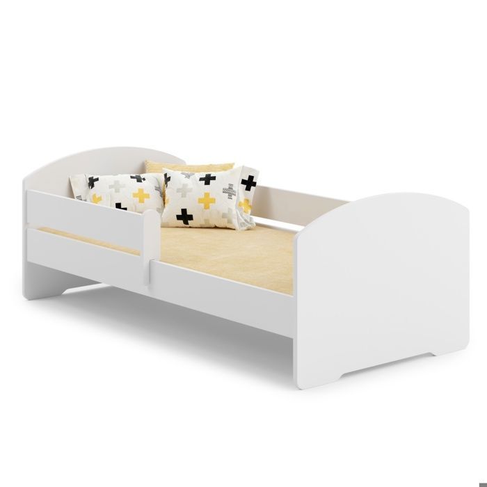 Lit enfant 160x80 cm COMPLET – Lit junior avec matelas – Sommier à lattes + Barrière de sécurité – Blanc