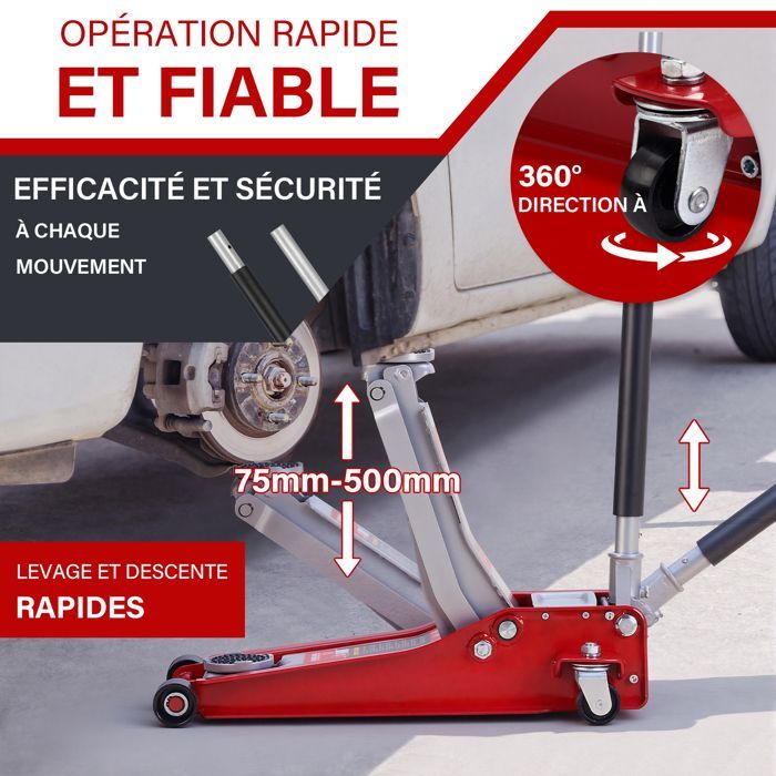 Gato hidráulico de 3 toneladas, gato para coche TEENO, altura de elevación de 75 a 500 mm, pistón de doble fondo, 2 soportes de goma, ruedas giratorias de 360°.