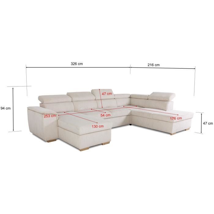 DAYTONA 5-6 seater panoramic corner sofa bed - Beige corduroy - With storage - W 326 x H 94 x D 216 cm