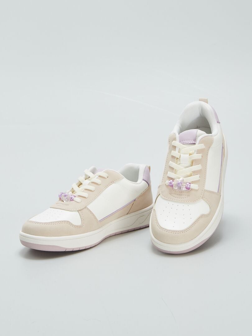 Tweekleurige lage sneakers met parels - WIT