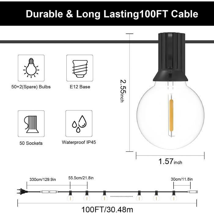 Guirnalda de luces LED para exteriores de 30 m con 50 bombillas de plástico impermeables E12 G40 para jardín, patio o terraza.