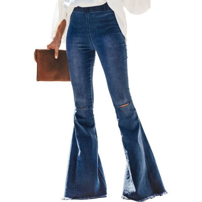 Pantalones vaqueros acampanados elásticos de talle alto con flecos para mujer de FUNMOON