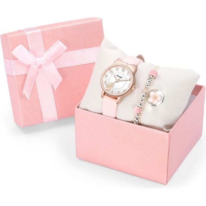 Conjunto de regalo de reloj y pulsera para niña - Lindo diseño de gato 2021, resistente al agua, cuarzo, rosa